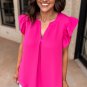 Rose Red Notched Neck Ruffle Sleeve Blouse