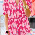 Rose Abstract Print Smocked Puff Sleeve V Neck Blouse