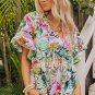 White Tropical Floral Print Ruffled Short Sleeve Blouse