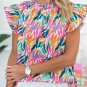 Rose Red Floral Print Ruffled Flutter Sleeve Blouse