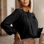 Black Crew Neck Gathered Stretch Cuff Shirt