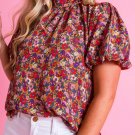 Purple Floral Print Knotted High Neck Puff Sleeve Blouse