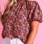 Purple Floral Print Knotted High Neck Puff Sleeve Blouse