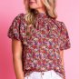 Purple Floral Print Knotted High Neck Puff Sleeve Blouse