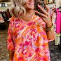 Rose Red Abstract Print V Neck Summer Blouse