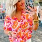 Rose Red Abstract Print V Neck Summer Blouse