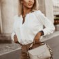 White Crew Neck Gathered Stretch Cuff Shirt