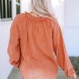 Orange Crinkle Textured Frill Split Neck Puff Sleeve Blouse