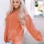 Orange Crinkle Textured Frill Split Neck Puff Sleeve Blouse