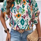 Multicolour Western Print High Neck Bat Sleeve Blouse