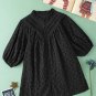 Black Flower Embroidered Hollow out Puff Sleeve Blouse