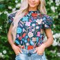 Green Trimmed Ruffle Sleeve Summer Floral Blouse