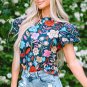 Green Trimmed Ruffle Sleeve Summer Floral Blouse