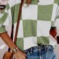 Grass Green Mix Checkered Print Shirred Cuffs Blouse