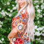 Red Floral Print Batwing Sleeve V Neck Blouse