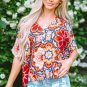 Red Floral Print Batwing Sleeve V Neck Blouse