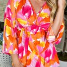 Orange Abstract Print 3/4 Sleeve V Neck Ruffled Babydoll Blouse