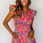 Rose Red Floral Print Smocked Ruffle Trim Flutter Sleeve Blouse