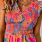 Rose Red Floral Print Smocked Ruffle Trim Flutter Sleeve Blouse
