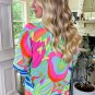Green Abstract Print Ruffled Sleeve Buttoned V Neck Blouse