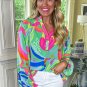 Green Abstract Print Ruffled Sleeve Buttoned V Neck Blouse