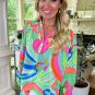 Green Abstract Print Ruffled Sleeve Buttoned V Neck Blouse