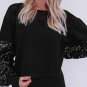 Black Sequin Patchwork Lantern Sleeve Blouse
