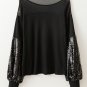 Black Sequin Patchwork Lantern Sleeve Blouse