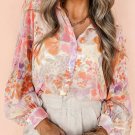 White Floral Print Collared Balloon Sleeve Loose Shirt