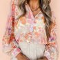 White Floral Print Collared Balloon Sleeve Loose Shirt