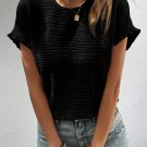 Black Solid Textured Ruffled Short Sleeve Blouse