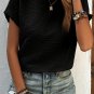 Black Solid Textured Ruffled Short Sleeve Blouse