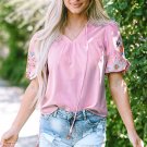 Pink Floral Embroidered Puff Sleeve Split Neck Blouse
