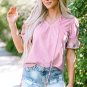 Pink Floral Embroidered Puff Sleeve Split Neck Blouse