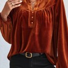Gold Flame Lantern Sleeve Beaded Split V Neck Velvet Top