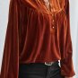 Gold Flame Lantern Sleeve Beaded Split V Neck Velvet Top