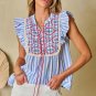 Sky Blue Stripe Geo Pattern Embroidered Tassel Flutter Blouse