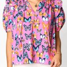 Purple Butterfly Print Ruffled Puff Sleeve Tied V Neck Blouse