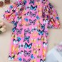 Purple Butterfly Print Ruffled Puff Sleeve Tied V Neck Blouse