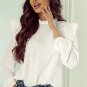 White Frilled Neck Ruffled Trim Bubble Sleeve Blouse