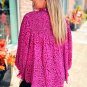 Rose Leopard Shirred Puff Sleeve Flowy Blouse