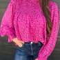 Rose Leopard Shirred Puff Sleeve Flowy Blouse