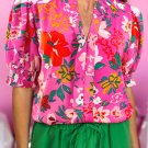 Rose Floral Printed Split V Neck Puff Sleeve Blouse