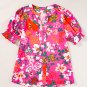 Rose Floral Printed Split V Neck Puff Sleeve Blouse