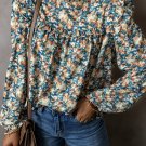 Sky Blue Floral Print Frilled Mock Neck Puff Sleeve Blouse