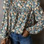Sky Blue Floral Print Frilled Mock Neck Puff Sleeve Blouse