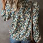 Sky Blue Floral Print Frilled Mock Neck Puff Sleeve Blouse