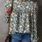 Sky Blue Floral Print Frilled Mock Neck Puff Sleeve Blouse