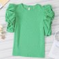 Green Ribbed Knit Puffy Ruffle Sleeve Blouse