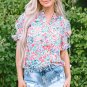 Pink Floral Print Button Split Neck Puff Sleeve Blouse